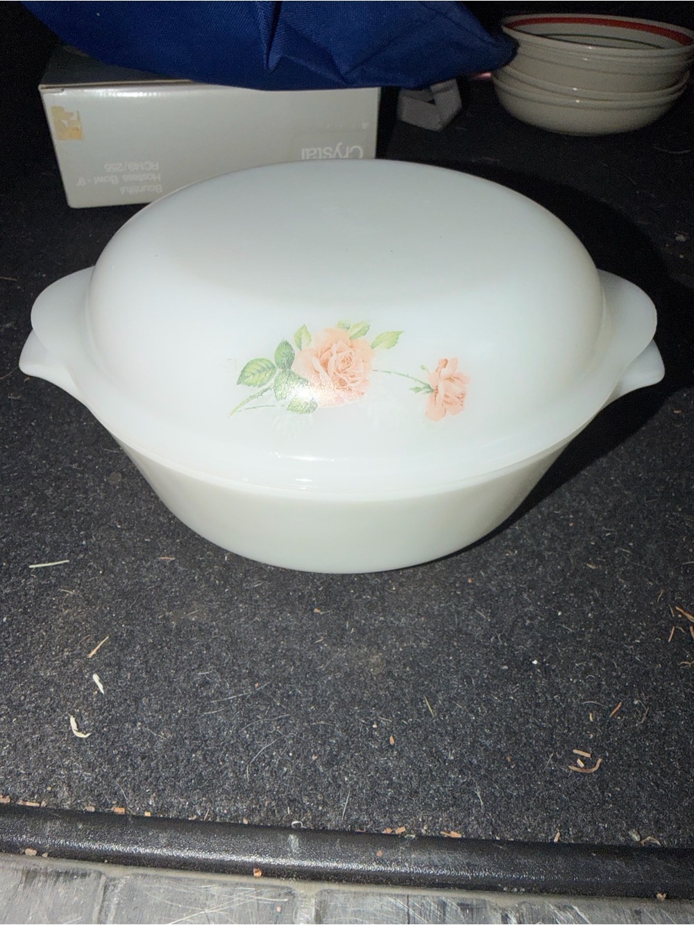 White Covered Casserole Dish with Pink Rose Pattern